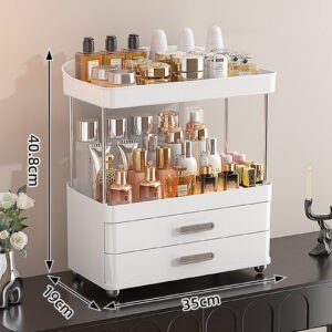 2 Drawers Makeup Organizer - 4 Tier Bathroom Organizers And Storage, Versatile Perfume Vanity Organizer, Ideal For Cosmetic, Large Skincare, Face Mask, Office Supplies
