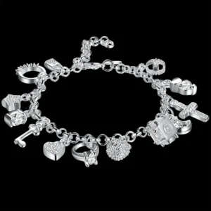 Hot solid 925 Sterling silver Bracelets for woman crystal Heart star cross Pendant Wedding party Christmas Gifts fashion Jewelry